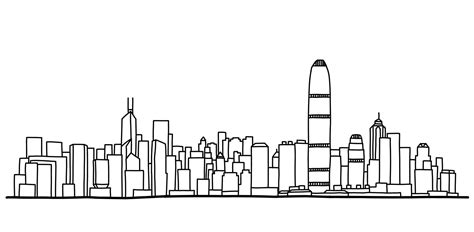 Hong Kong cityscape skyline outline doodle drawing on white background ...