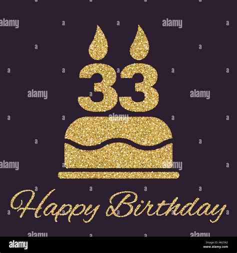 The birthday cake with candles in the form of number 33 icon. Birthday symbol. Gold sparkles and ...