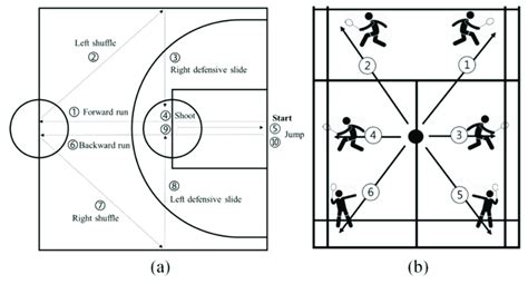 Custom basketball exercise routine (a) and badminton six-point footwork ...