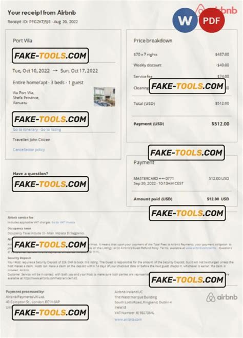 Vanuatu Airbnb booking confirmation Word and PDF template | fake tools