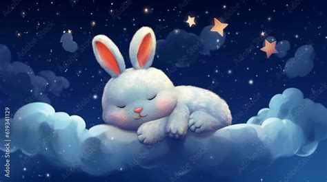 cute little bunny rabbit sleeping on a cloud watercolor drawing ...