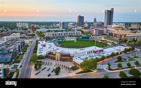 TinCaps stadium at Parkview Field aerial sunrise over downtown Fort ...