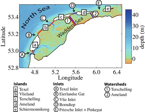 Map of the Dutch Wadden Sea. The names of the islands and inlets are ...