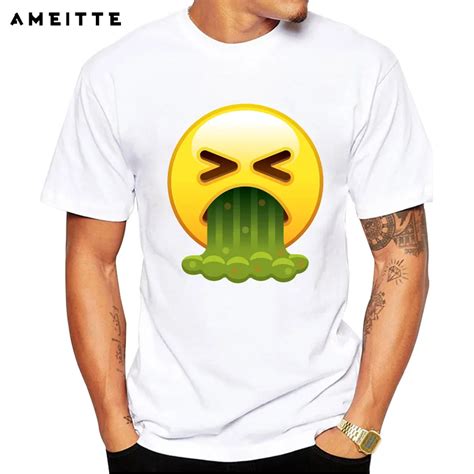 2018 AMEITTE Newest Funny Barfing Emoji T Shirt Men's Cartoon White Printed T Shirt High Quality ...