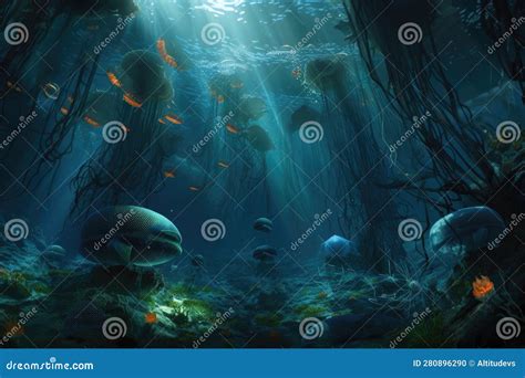 Oceanic Abyss, with Schools of Fish and Jellyfish Swimming among Bioluminescent Creatures Stock ...