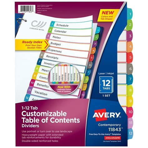 Avery Ready Index 12 Tab Dividers, Customizable TOC, 1 Set (11194 ...