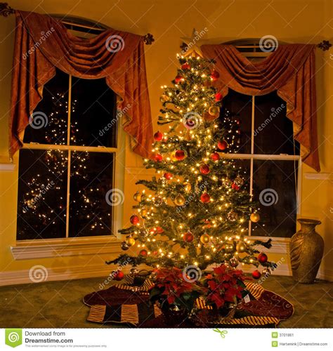 Lighted Christmas Tree in Cozy Home Stock Image - Image of darkness ...