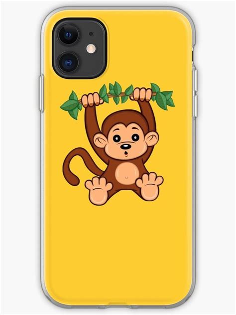a cartoon monkey hanging from a tree branch with leaves on it's back iphone case