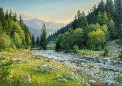 Mountain River Original Oil Painting Home Decor Landscape Summer Landscape Large Painting ...