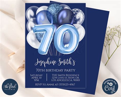 70th birthday invitation template editable blue and white | Etsy