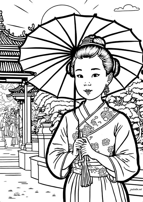 Chinese girl with parasol - China Adult Coloring Pages