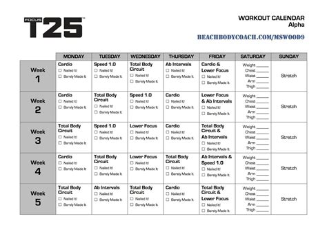 Focus T25 Workout Calendar