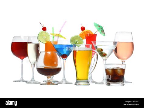 Variety of alcoholic drinks beverages and cocktails cutout isolated on white background Stock ...