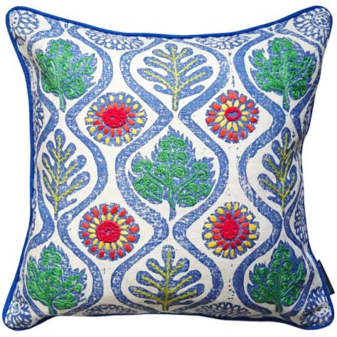 Hand-Embroidered Blithfield Oakleaves Blue Linen Cushion | Fine Cell Work