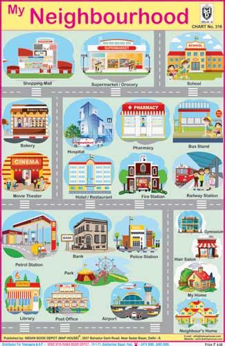 an illustrated map of the neighborhood in english and spanish, with pictures of different buildings