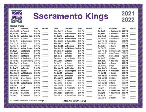 Printable 2021-2022 Sacramento Kings Schedule