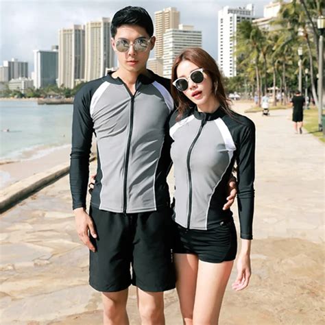 Couples Swimsuits matching outfits front zipper long sleeve Top&solid Bottom Beachwear Bathing ...