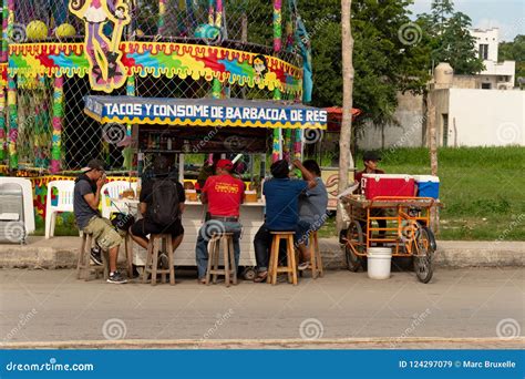 People Eating Tacos at a Colorful Mexican Food Stand. Editorial Stock ...