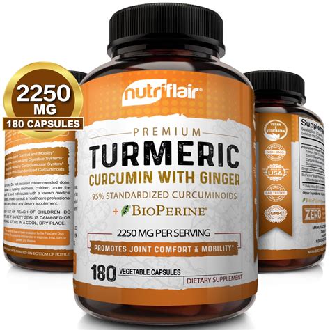 Turmeric Curcumin with Ginger, BioPerine Black Pepper Supplement 2250mg, 180 CAPSULES - Anti ...