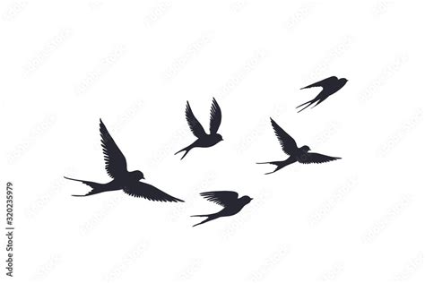 Flying birds silhouette on white background. Vector set of flock of swallows sign. Tattoo spring ...