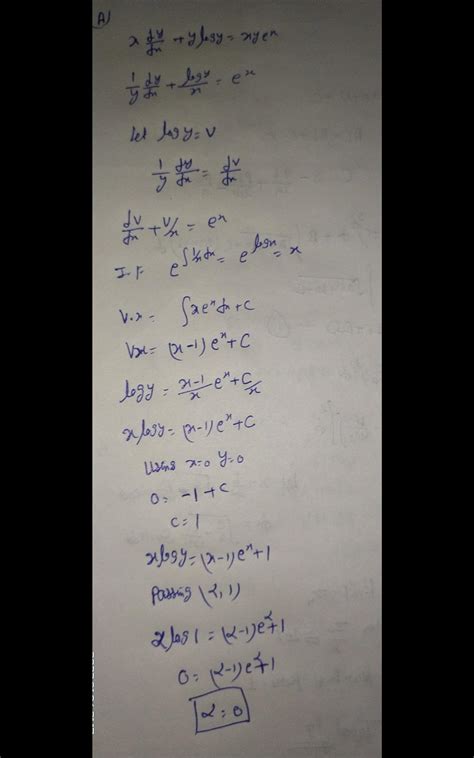 If an integral curve of the differential equation +y logy = xyex passes ...