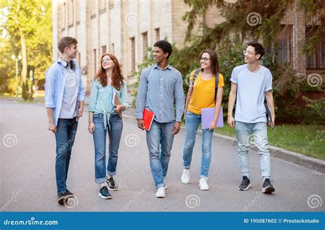 Multiracial High-School Students Walking in University Campus Outdoors Stock Photo - Image of ...