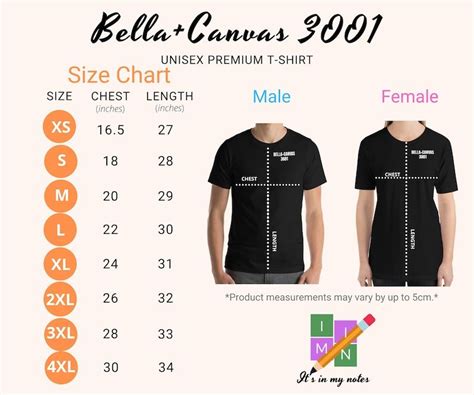 Bella Canvas 3001 Unisex Premium T-shirt Size Chart | Etsy Inkscape ...