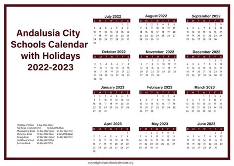 Andalusia City Schools Calendar with Holidays 2022-2023