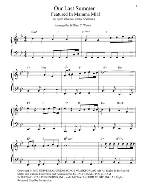 Our Last Summer Sheet Music | ABBA | Piano Solo