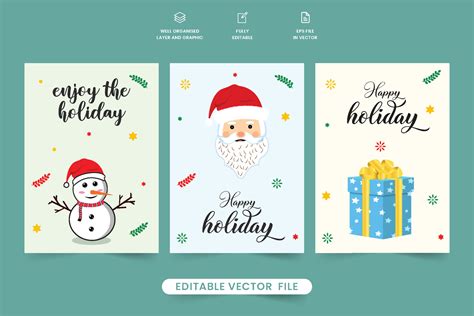 Holiday greeting card bundle design with A snowman and Santa face. Christmas gift card ...