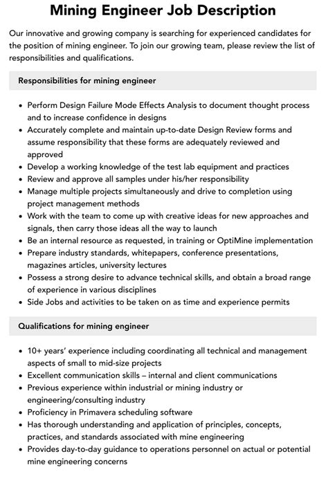 Mining Engineer Job Description | Velvet Jobs