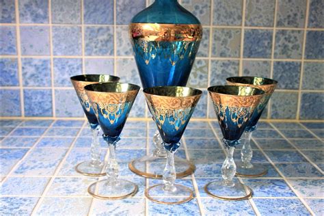 Italian Venetian Murano Blue Wine Glasses Cordial set with 24 Ct gold