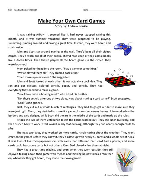 Make Your Own Card Games Reading Comprehension Worksheet by Teach Simple