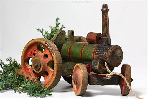 Antiques Atlas - Old Painted Wooden Toy Tractor With Trailer