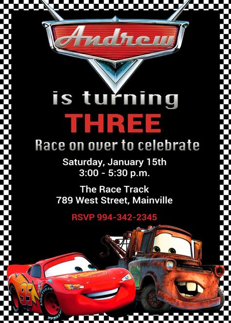 Cars, Lightning McQueen, Mater, Race Car, Birthday Party Invitation | eBay