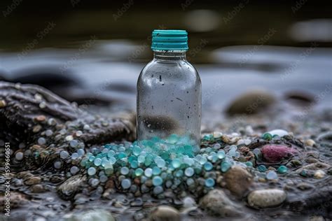 microplastics in a bottle of water, with the bottles cap visible, created with generative ai ...