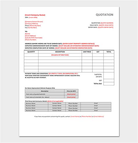 Construction Quotation Template - 20+ (for Word, Excel, PDF)