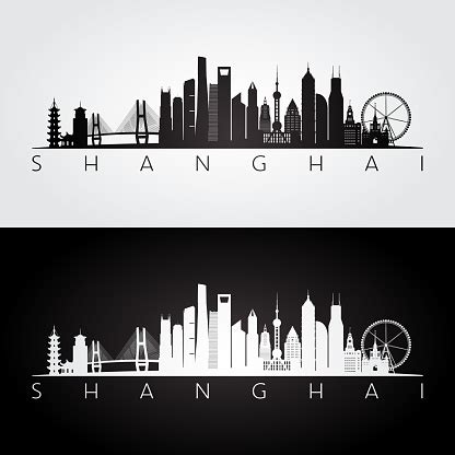 Shanghai Skyline And Landmarks Silhouette Black And White Design Vector ...