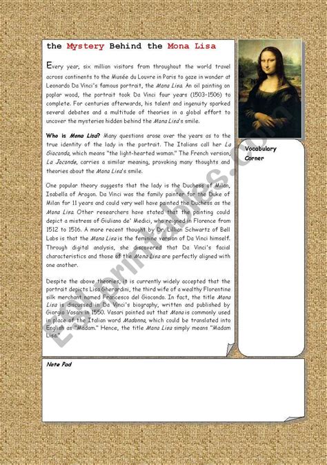 Mystery Behind Mona Lisa Smile - ESL worksheet by vino76