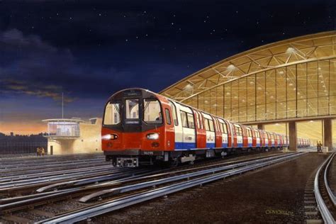 This copy of an oil painting by Green depicts a 1996 tube stock Jubilee line train emerging from ...