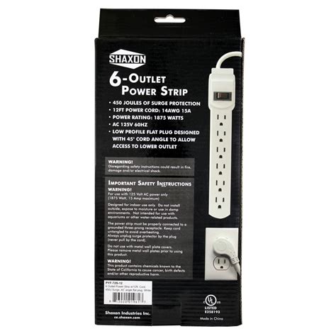 6 AC Outlet Flat Plug Power Strip, Surge Protected, 12 Foot Cord, White ...