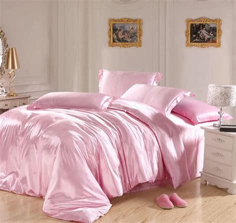 Light Pink bedding sets Silk satin super king size queen double quilt duvet cover fitted bed ...