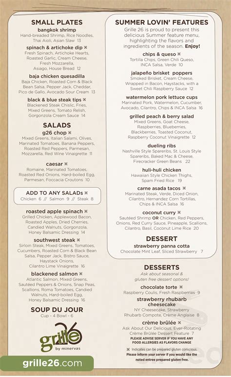 Grille 26 menu in Sioux Falls, South Dakota, USA