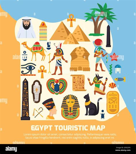 Egypt touristic map with national landmarks and sights symbols flat ...