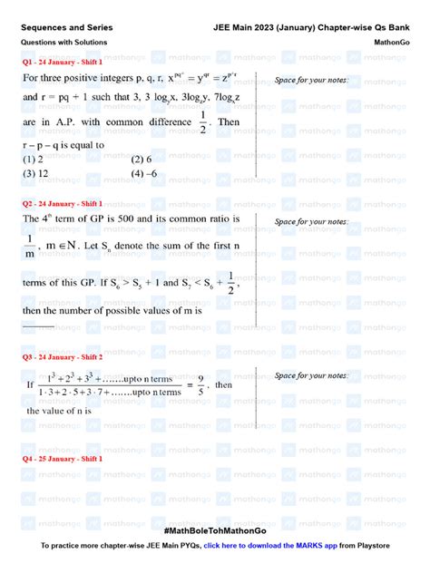 Sequences and Series - JEE Main 2023 January Chapter Wise Questions by MathonGo | PDF