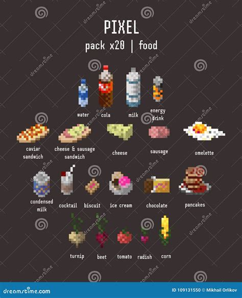 Isolated Pixel Food Icons. Vector Multi Colored Illustration of Drinks, Snacks and Meals on Dark ...