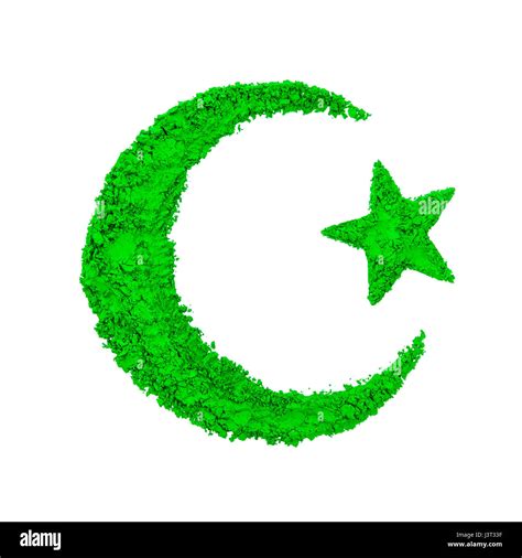 Crescent Moon and Star of Islam made with green color powder, isolated on a white background ...