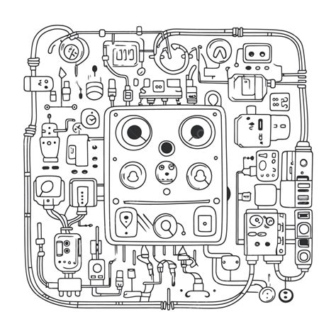 Drawing Of A Robot With Many Parts Outline Sketch Vector, Circuit ...