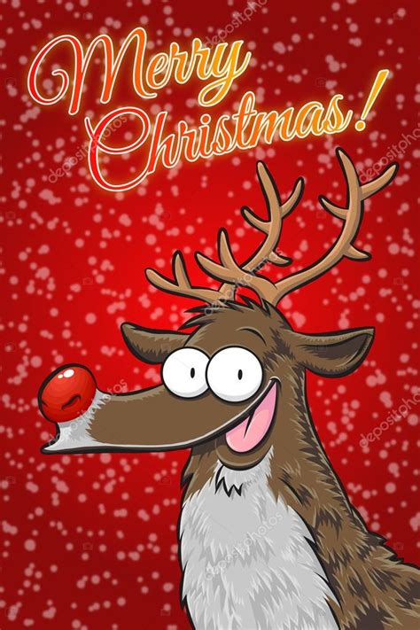 Merry Christmas with Rudolph, the reindeer. Postcard red background and ...