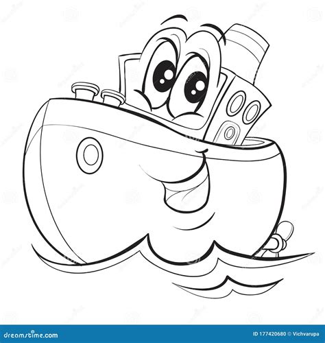 Ship Character with Big Eyes, Cute, Cartoon, Outline Drawing, Isolated Object on a White ...